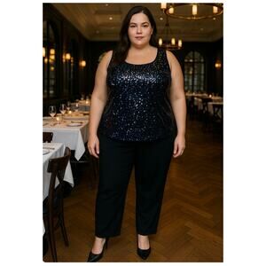 Alex Evenings Sequin Tank Top Black Blue Silver Satin Trim 3X Formal Holiday NYE